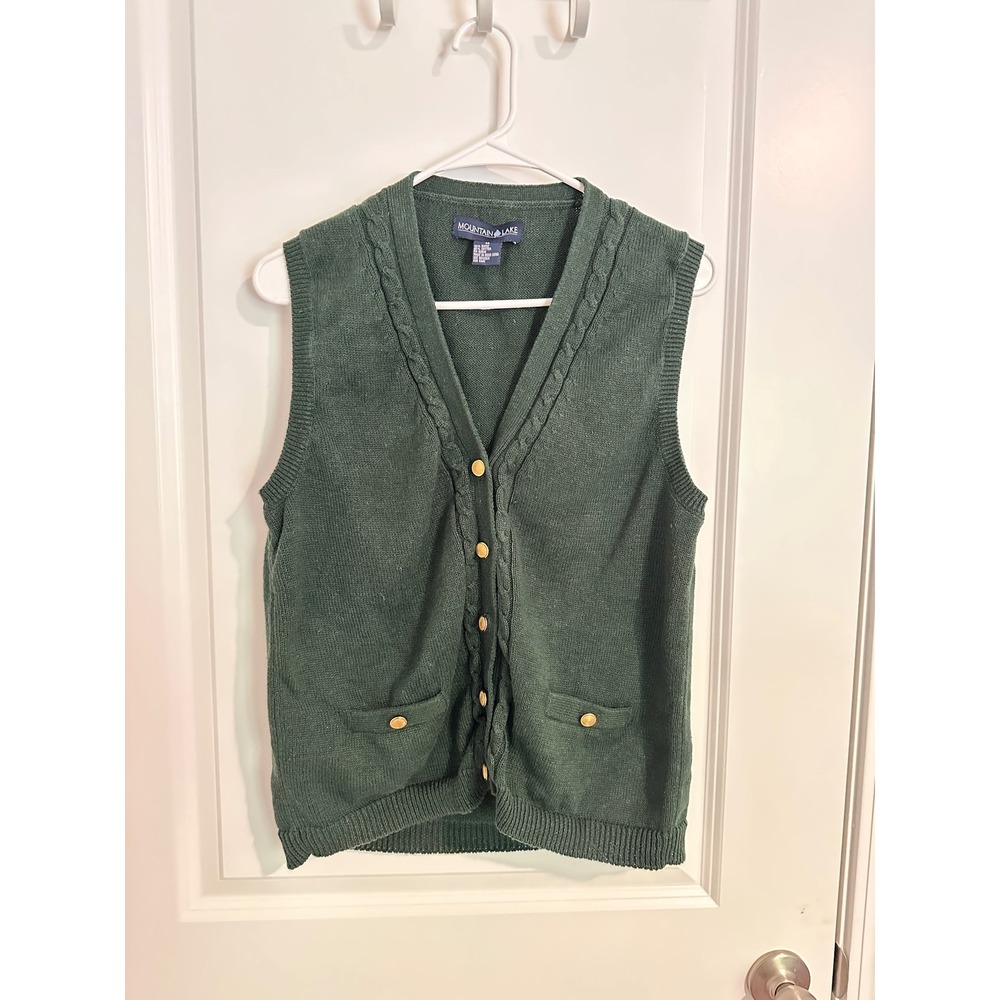 Mountain Lake Sweater Vest Cable Knit Preppy Gold Button Forest Green‎ Size M